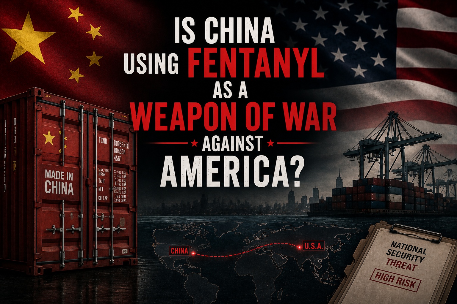 us flag and china flag with a port in the background