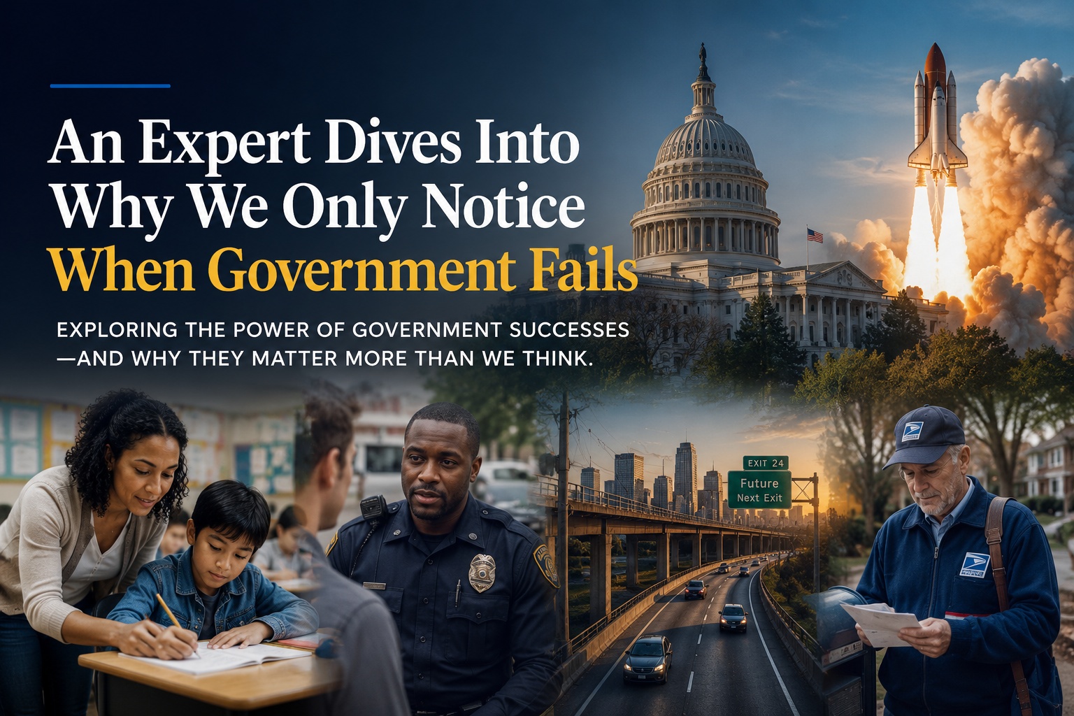 Multiple government agency activities including school, postal service, space program and capitol hill