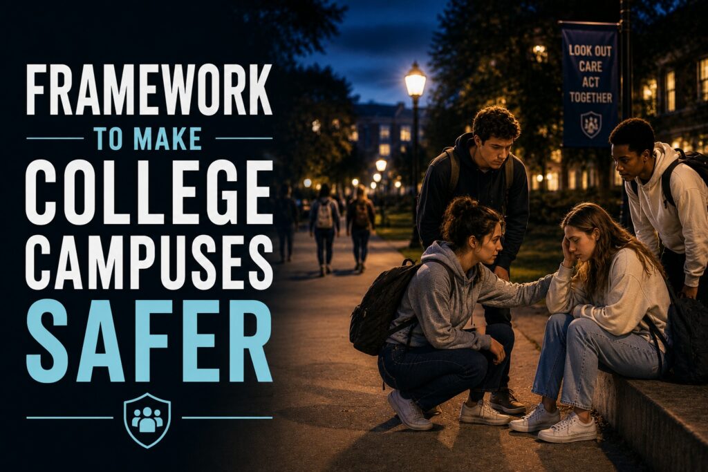 college students on campus helping a young woman