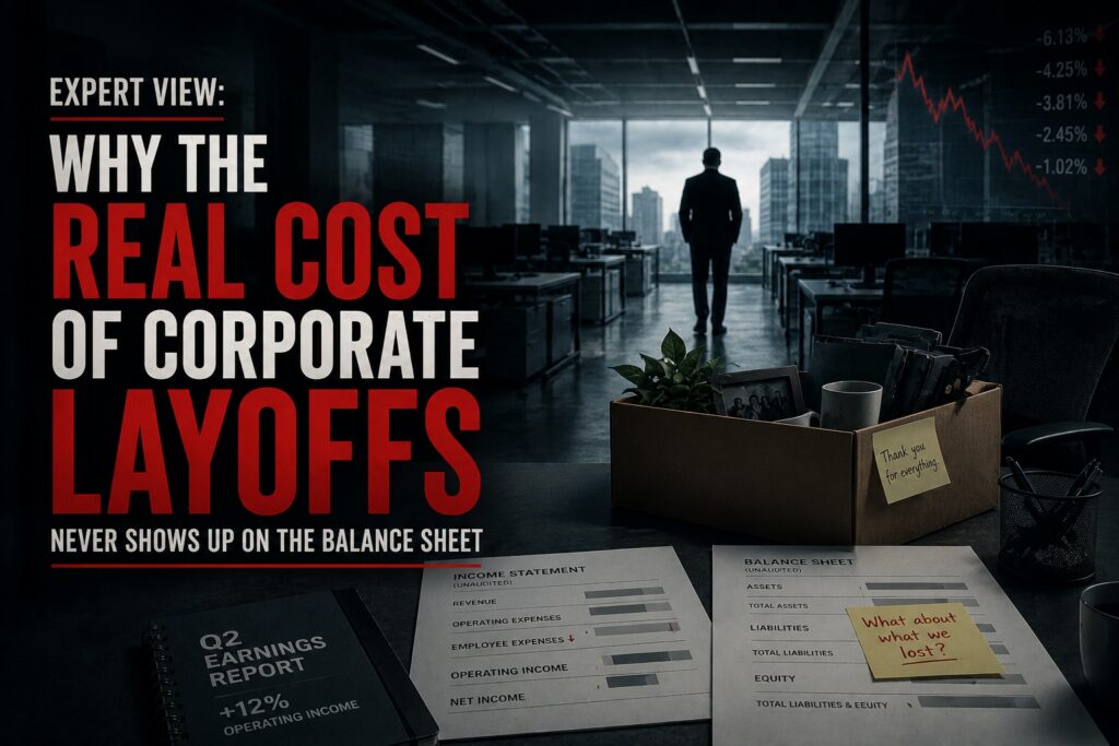man in a downtown skyscraper with a balance sheet on a desk