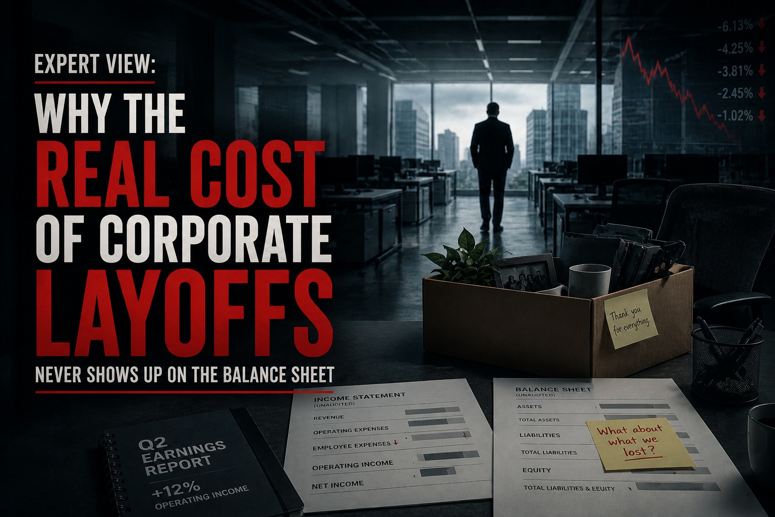 man in a downtown skyscraper with a balance sheet on a desk